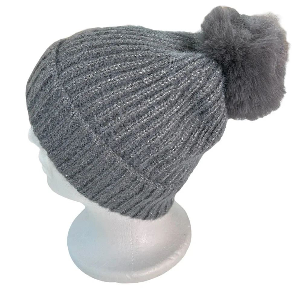 Steve Madden Women's Eldridge Sparkle Rib Knit Faux Fur Pom Beanie New!